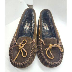 Minnetonka womens Suede Moccasin Slippers brown Faux Fur Lining 8 Indian western